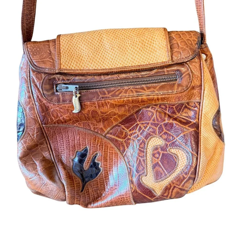Sharif Vintage Leather Crossbody Bag Snakeskin Croc Embossed Brown USA Retro - Picture 7 of 16
